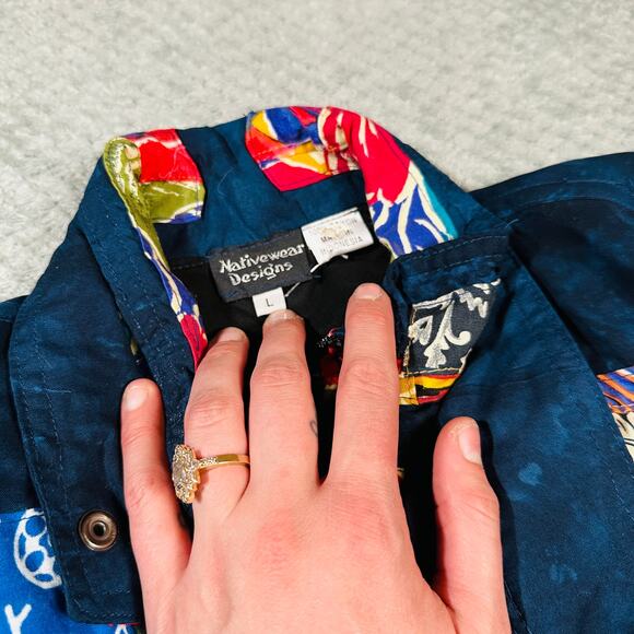 Nativewear Designs Patchwork Quilted Navy Colorful Bomber Jacket L - Picture 6 of 9